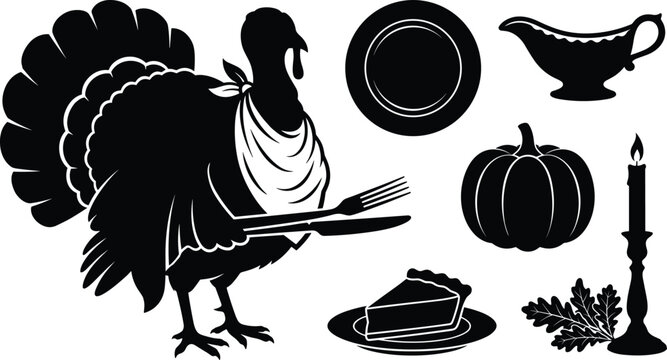 Thanksgiving dinner turkey vector silhouette set with food elements including pumpkin pie gravy boat plate and candle.