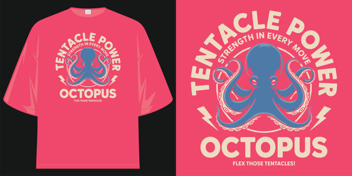 tentacle power retro octopus illustration with lightning bolts circular typography and slogan strength in every move flex those tentacles t shirt design vector illustration artwork