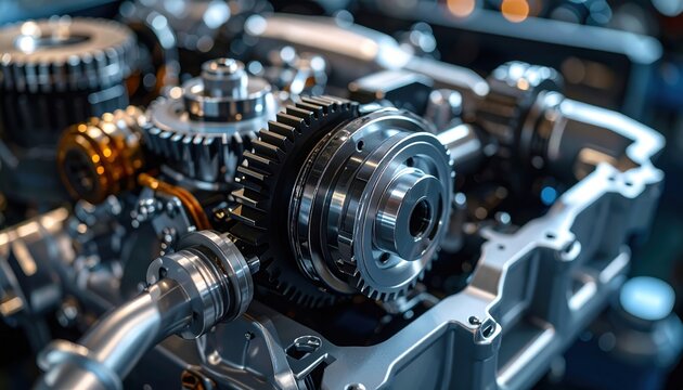 Internal combustion engine block with visible gears and mechanical components for automotive engineering