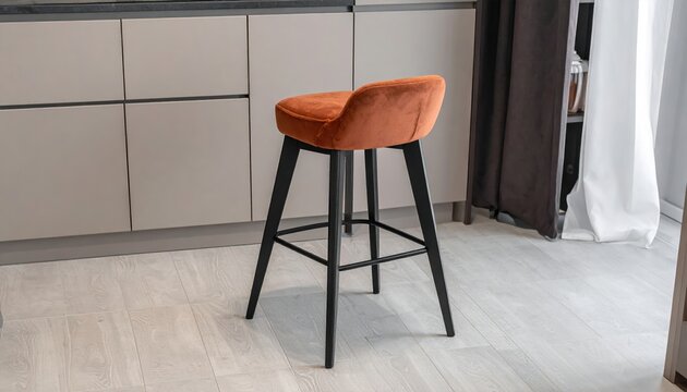 Modern bar stool with terracotta-colored seat, contemporary kitchen and interior furniture