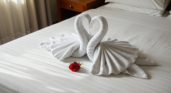 Elegant heart-shaped towel swan decoration on white bed with romantic red rose accent