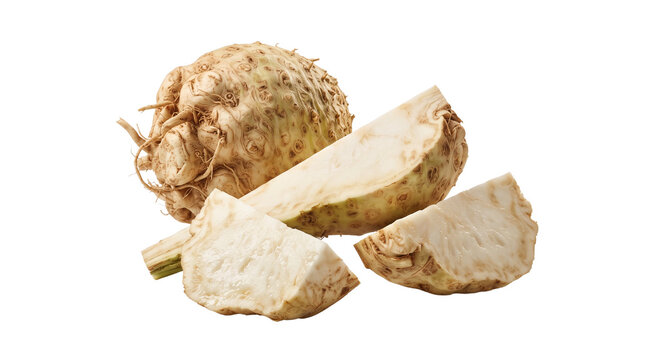 Fresh celeriac root with sliced pieces, organic raw celery root vegetable, isolated whole and cut celery bulb on white background