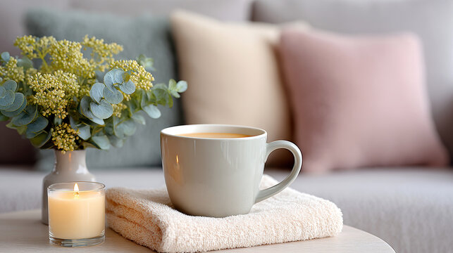 Relaxing home spa scene with a mug of tea candle and towel on a table for cozy self care background and wellness design