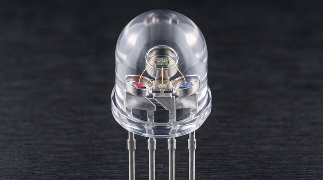 Clear glass dome RGB LED showing internal wiring and color anodes on dark background.