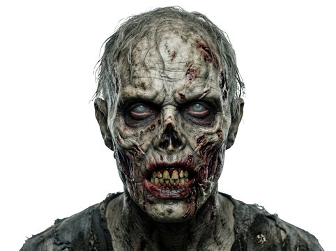 Closeup portrait of a terrifying undead zombie with glowing eyes and decaying skin isolated on transparent background