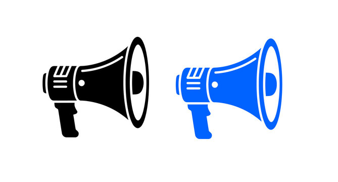 Two megaphone flat icons in black and blue on a white background