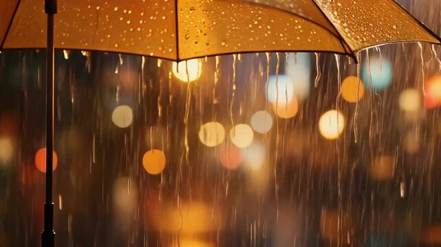 夜の街の雨粒と美しい玉ボケを背景にした黄色い傘と雨の風景