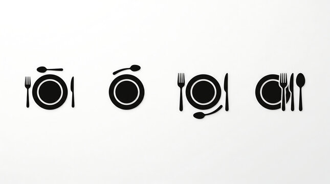 Set of black restaurant place setting icons featuring plates and cutlery on a white background