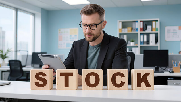At an office desk, a bespectacled man uses a tablet behind wooden blocks spelling STOCK, with computers, binders and documents in a bright workspace focused on finance and business
