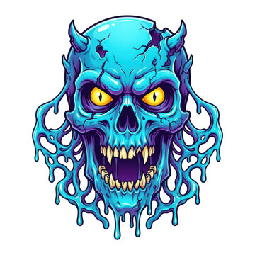 Stylized blue demon skull with horns and dripping slime, isolated on transparent background