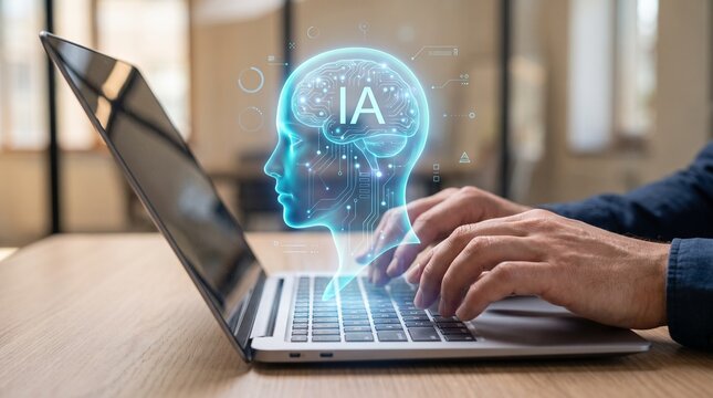 Homme tapant sur un ordinateur portable avec un hologramme de cerveau brillant repr&eacute;sentant l'intelligence artificielle et l'apprentissage automatique