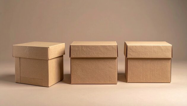 Three cardboard box mockups in different styles for retail packaging, gifting, shipping, and product presentation