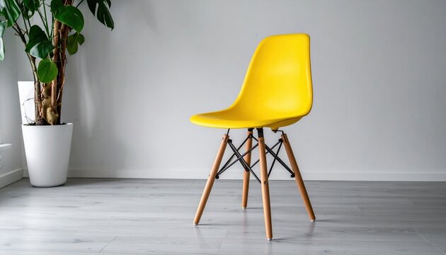 Yellow molded plastic chair with wooden legs for modern furniture and interior design concepts