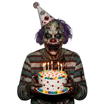 Creepy zombie clown holding a birthday cake with lit candles isolated on transparent background