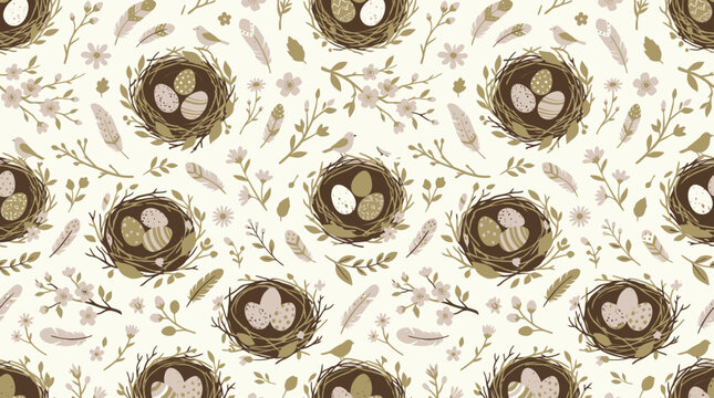 Rustic bird nest and egg seamless botanical pattern