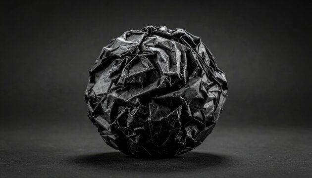 Black crumpled paper ball with rough wrinkled texture for dramatic abstract backgrounds and grunge compositions