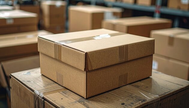 Closed cardboard box with folded flaps in a shipping and logistics setting