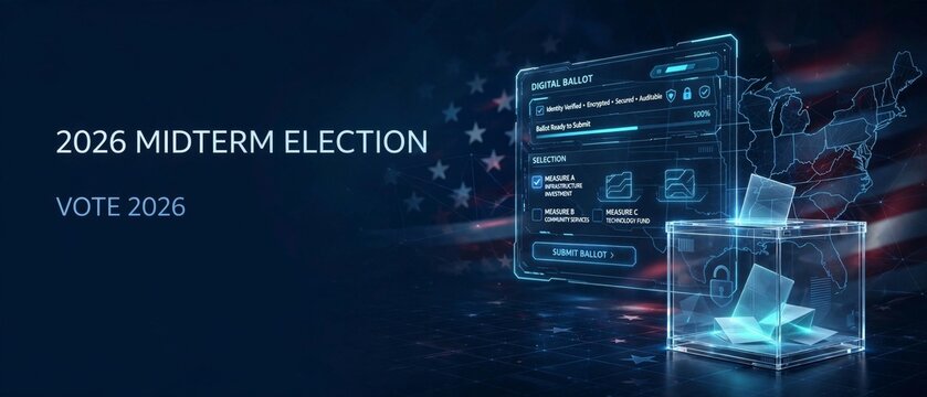 Digital voting ballot 2026 midterm election featuring american flag background representing civic engagement