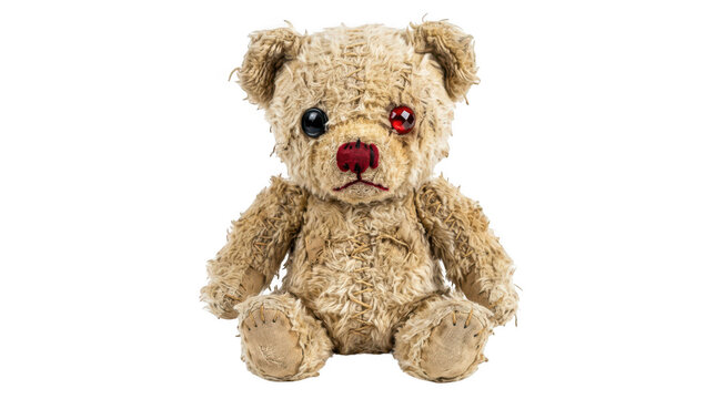 A worn, stitched teddy bear with mismatched eyes isolated on transparent background