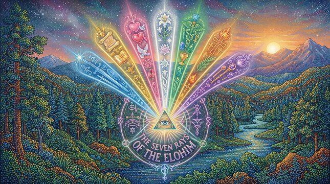 Seven Rays of the Elohim mystical illustration, spiritual sacred geometry with divine light beams, esoteric landscape with mountains and river