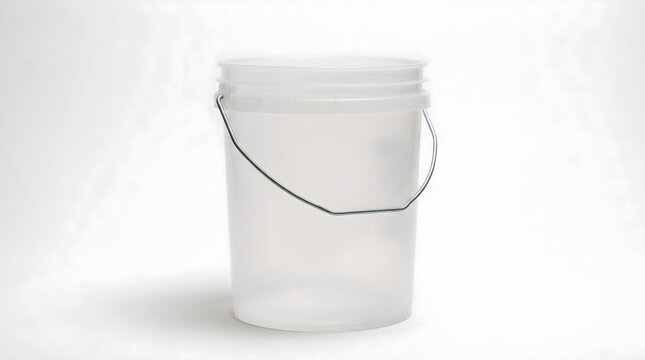 A clean empty 5 gallon bucket with a metal handle isolated on a bright white background for industrial use