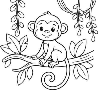 Cute monkey coloring page for kids, cartoon jungle animal sitting on a tree branch, black and white outline vector illustration for children