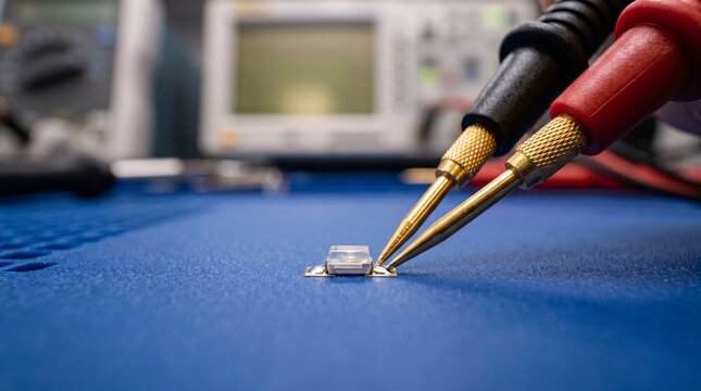 Technical inspection of tiny surface mount led using precision multimeter probe tip tools.