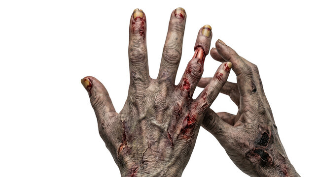 Zombie hands with bloody skin and exposed finger bone isolated on transparent background