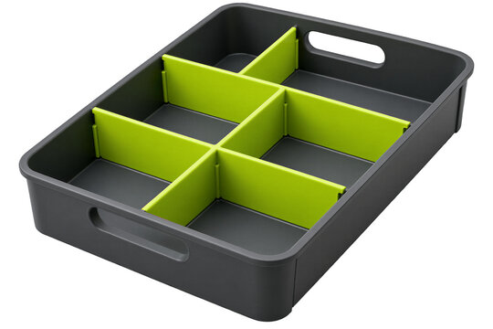 Dark grey organizer tray with lime green dividers, isolated on a transparent background. Storage solution, office organization, home decor, decluttering.