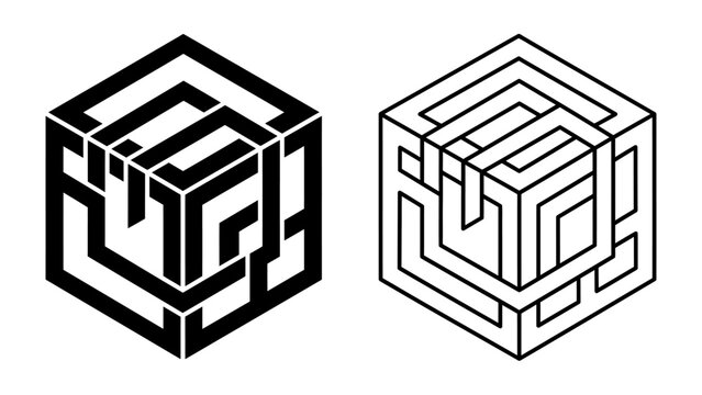 Impossible Cube Maze Illusion: Two isometric cubes depict a visual paradox, showcasing intricate labyrinthine patterns that challenge perception and create a fascinating optical illusion.