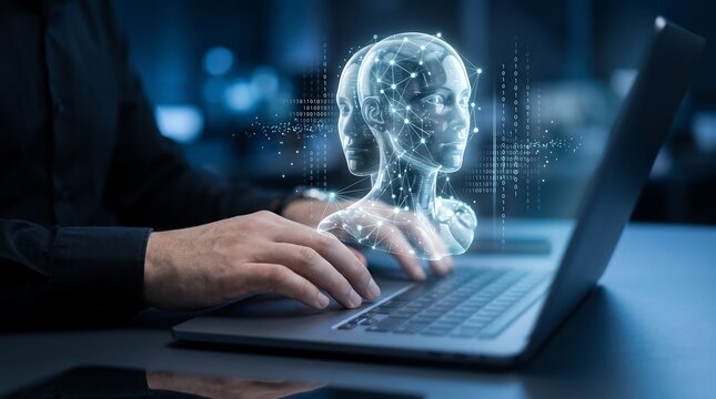 Dual brain hologram interface on laptop screen with human hands typing code representing cognitive computing and advanced neural network development for modern technology