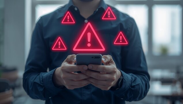 phishing scam and cyber threat concept, person receiving malicious spam email alert on mobile smartphone, cybersecurity risk and digital identity protection against online hacking and data fraud