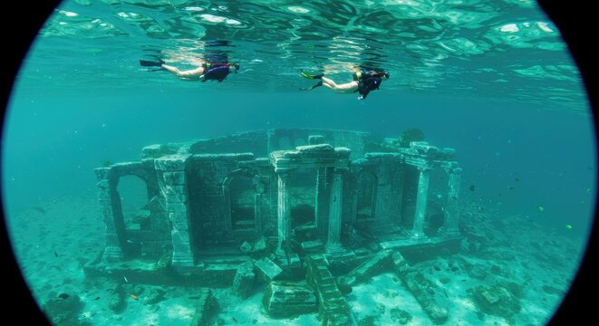 Underwater scuba divers exploring an ancient sunken temple ruins in crystal-clear ocean waters