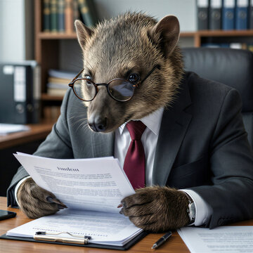 Professional photorealistic portrait of an aardvark wearing round reading glasses and a charcoal suit reviewing contracts at a standard office desk with focused scholarly expression
