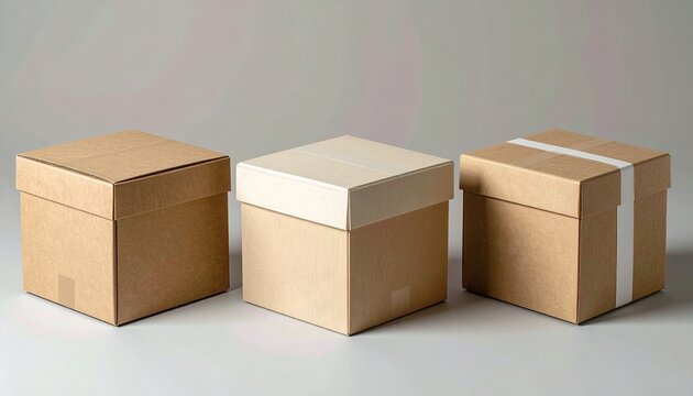 Three cardboard box mockups in different styles for retail packaging, gifting, shipping, and product presentation