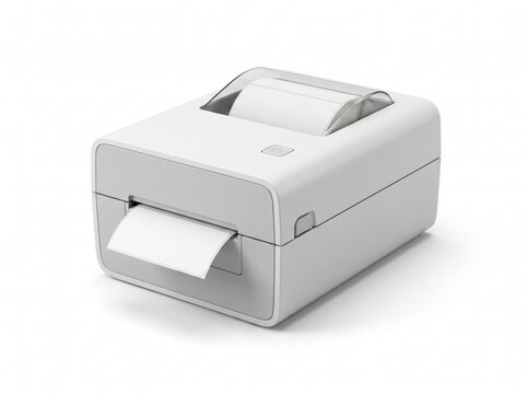Modern white barcode thermal label printer with blank adhesive paper sticker roll