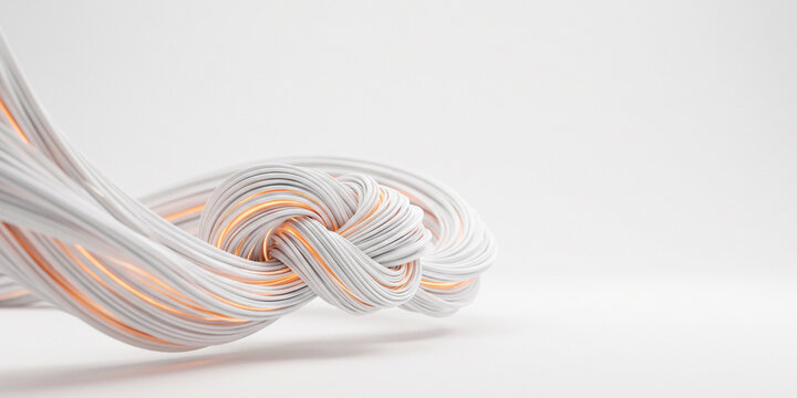 Twisted synthetic nano cables emitting warm light, symbolizing renewable energy and artificial intelligence