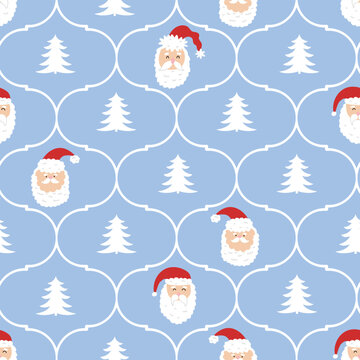 Seamless print with head Santa Claus and Christmas tree.