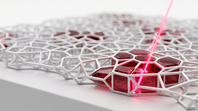Cybersecurity scanner mesh with red glass data nodes activated by laser light, network vulnerability scanning, cyber attack detection, data protection