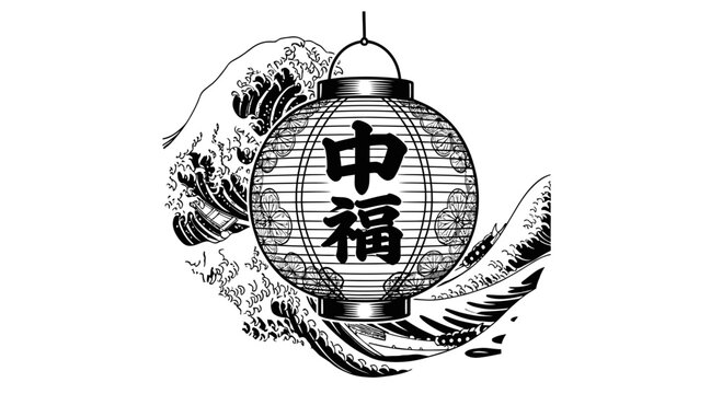 Japanese Lantern and Great Wave Illustration