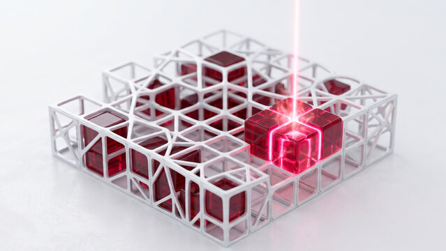 Cybersecurity scanner mesh with red glass data nodes activated by laser light, network vulnerability scanning, cyber attack detection, data protection