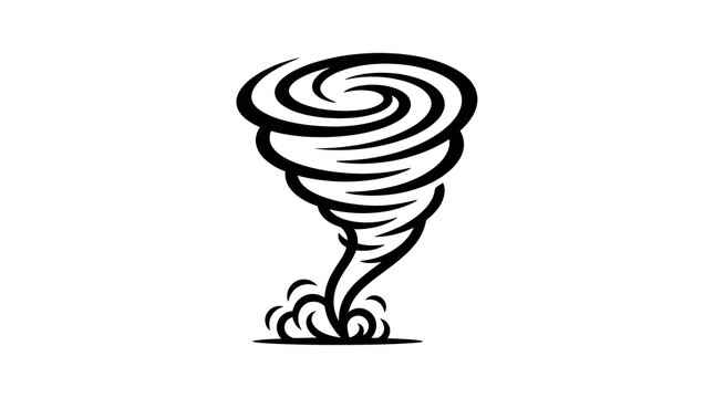 Dynamic black and white tornado icon with swirling curved lines and a tapered funnel shape.