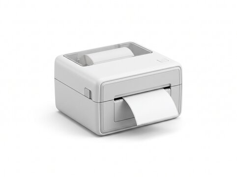 Compact white thermal label printer for shipping and barcodes isolated on a white background