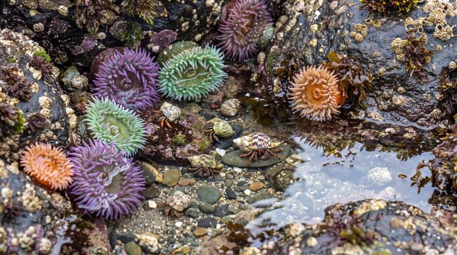 Colorful purple and green sea anemones with small hermit crabs in a rocky tide pool