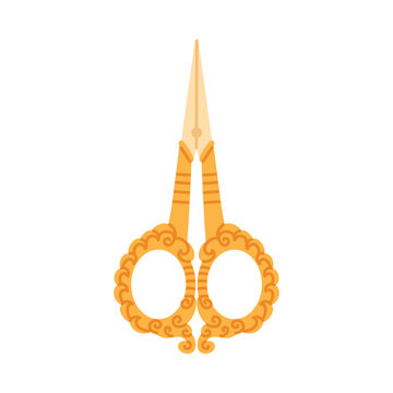 Elegant Victorian style gold scissors with ornate handles on isolated white background vector illustration