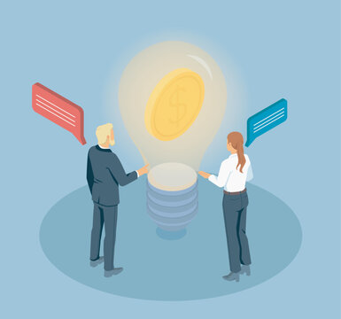 Business people discussing a glowing light bulb with dollar coin, symbolizing financial idea, innovation and investment, vector illustration