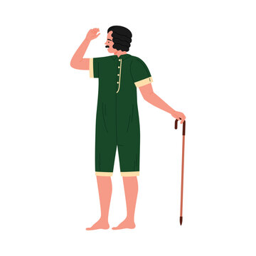 Retro Victorian man wearing green vintage swimsuit holding cane, standing isolated on white vector illustration