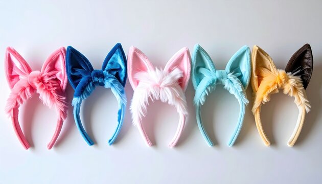 Five colorful cat ear headbands with playful hair accessories for costume, fashion, and creative designs