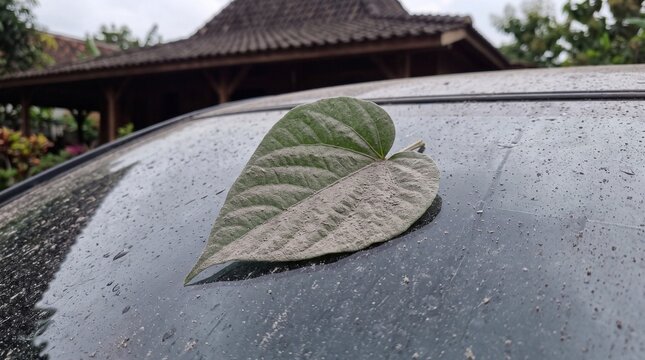 Heart shaped leaf covered in volcanic ash on a dusty car window