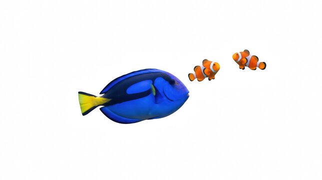 Blue tang fish leading two clownfish underwater during daylight isolated on transparent background